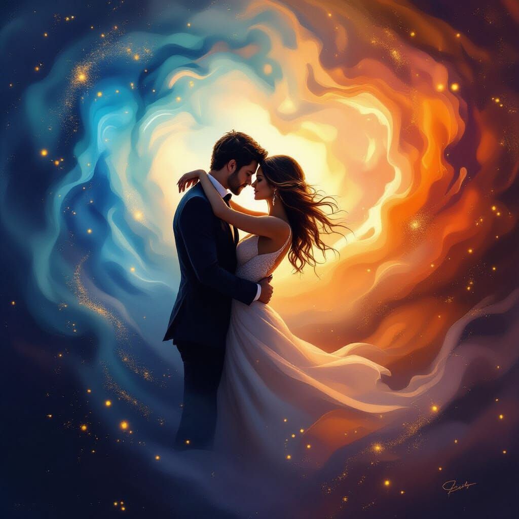 Couple Embracing in Vibrant Cosmic Nebula
