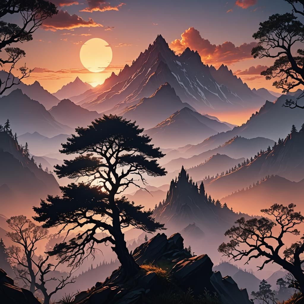 Sunset Silhouettes in Vibrant Fantasy Landscapes