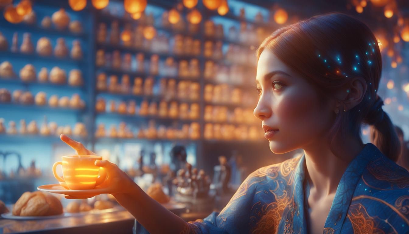 Vibrant Young Girl Points to Enchanting Coffee Shop