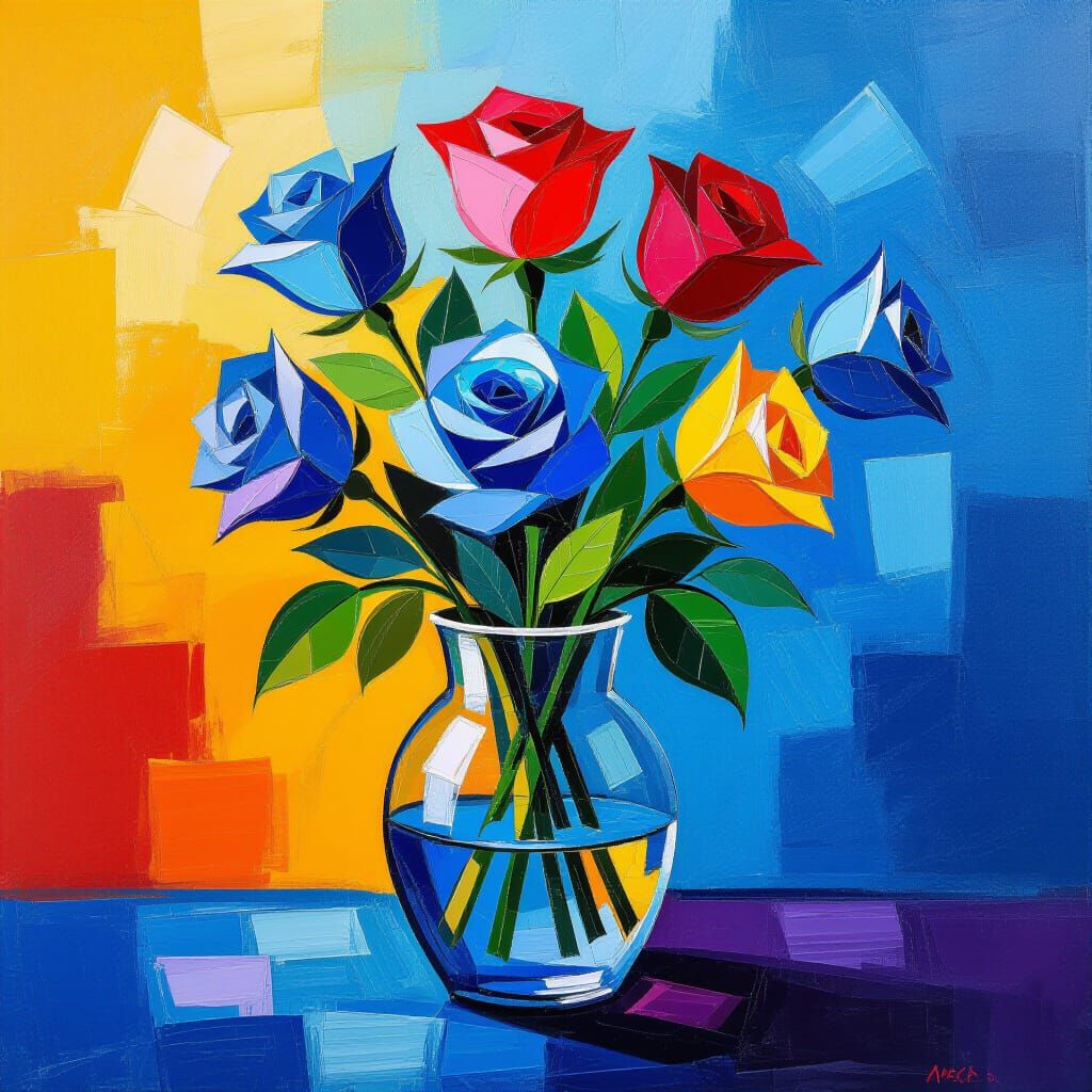 Blue Rose in Vase: Neo-Impressionist Oil Painting
