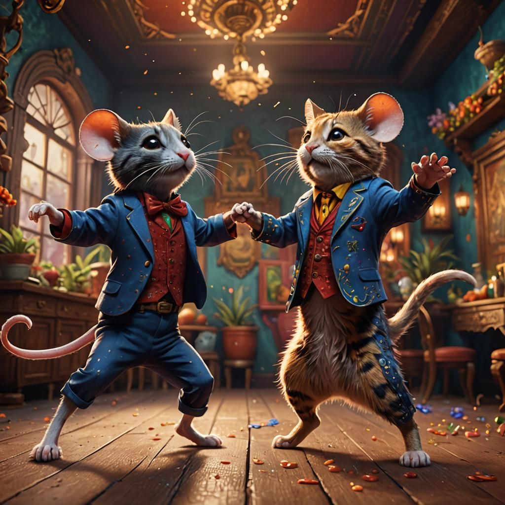 A mouse and a cat dancing salsa