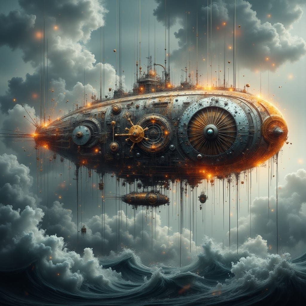 Steampunk Zeppelin vs Clockwork Kraken in Glitch Art