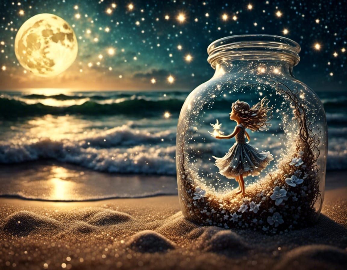 A tiny fairy girl stuck in an overturned bottle on the beach. A wavy sea in the moonlight. the stars are shining. fairy ...