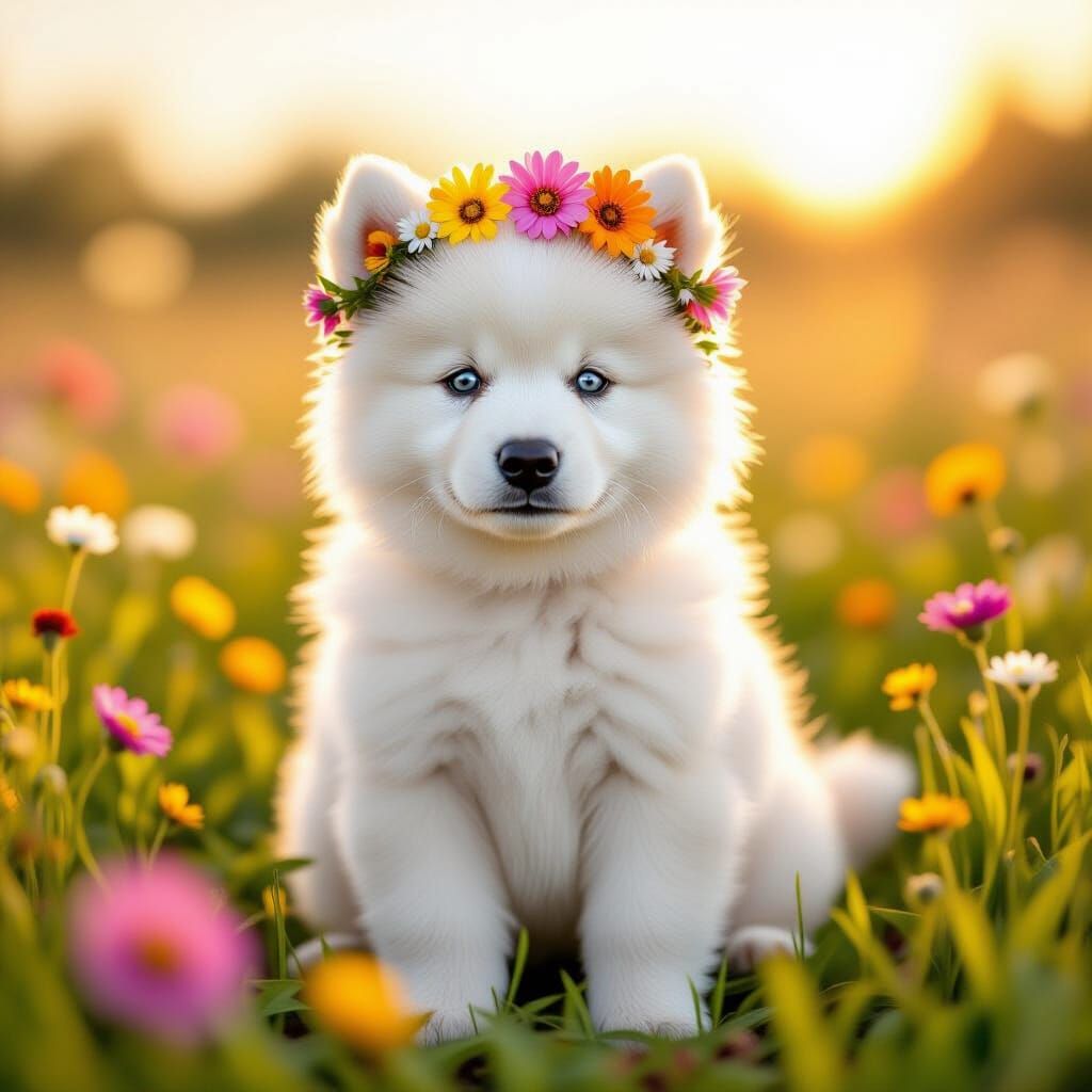 Heterochromatic Samoyed Puppy in Wildflower Field