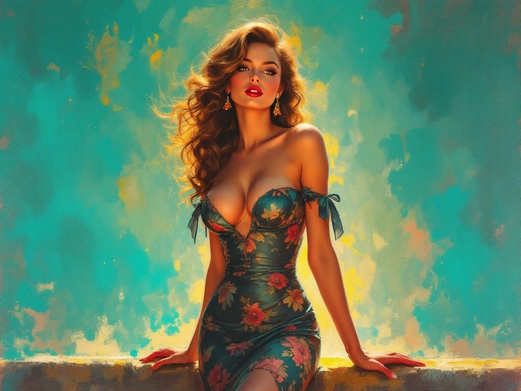 1950s Pin-Up Woman in Impressionist Style