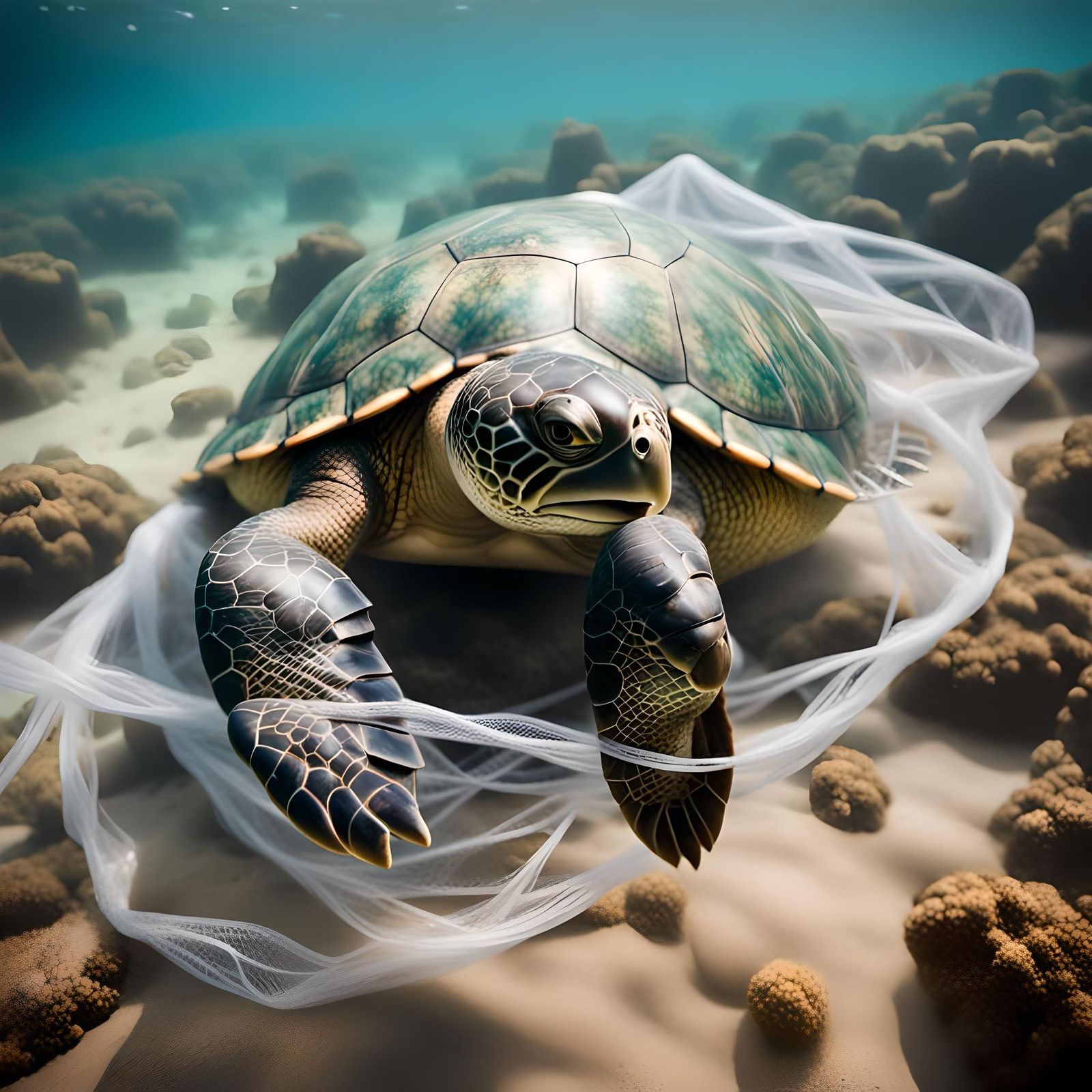 Turtle Entangled in Ocean Plastic in Cinematic Style