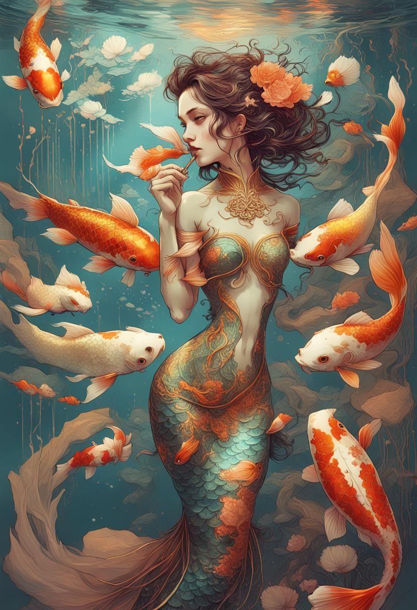 Majestic Koi Maiden in Pastel Goth Splendor