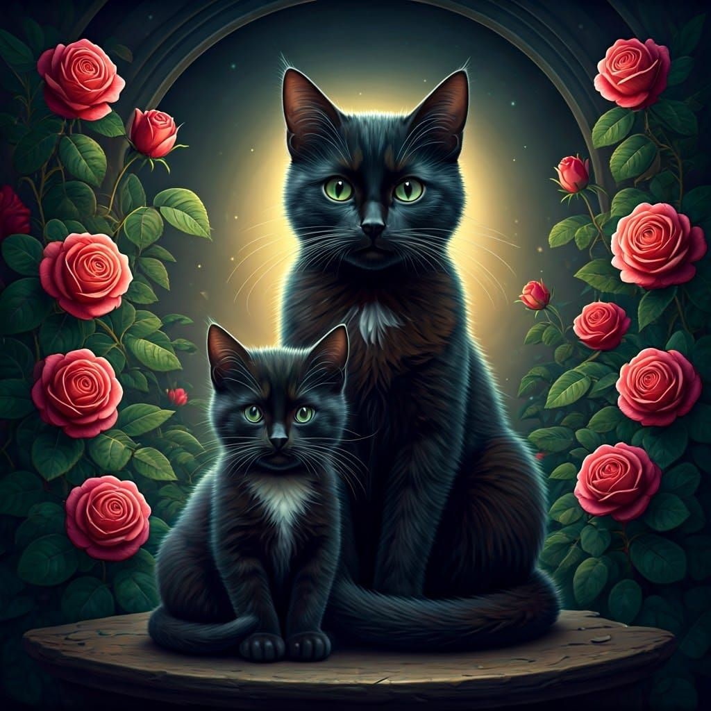 Mother and Kitten Amidst Vibrant Roses in Whimsical Garden