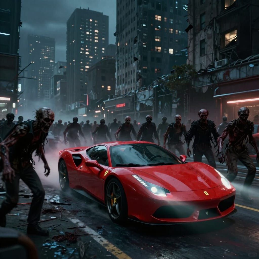 Ferrari Evades Mutant Zombies in Ruined City