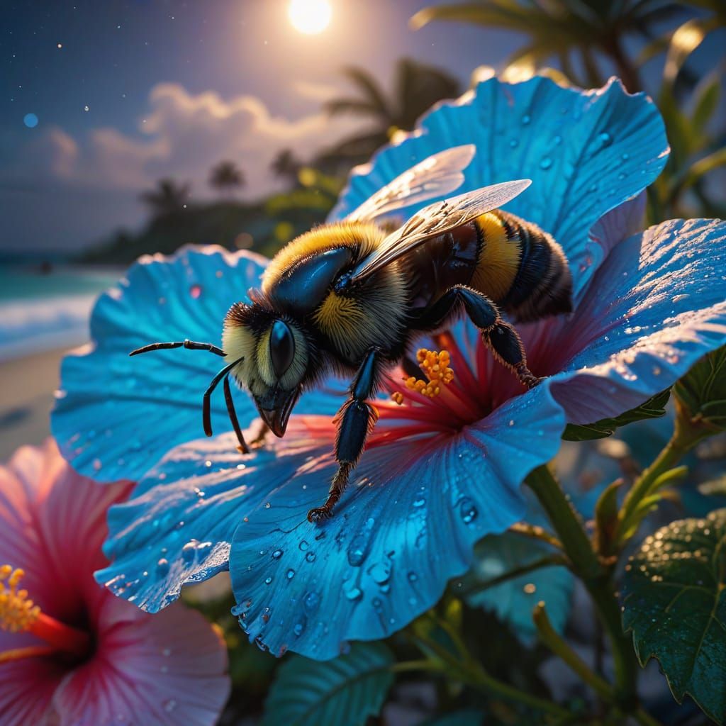 Bumblebee in Dew-Covered Hibiscus: Photorealistic Biolumines...