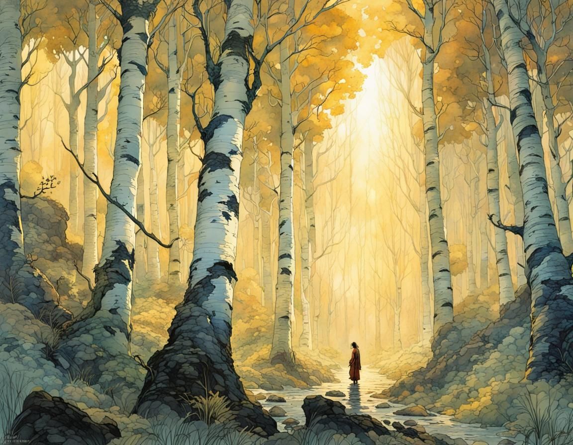Whimsical Golden Forest in Watercolor