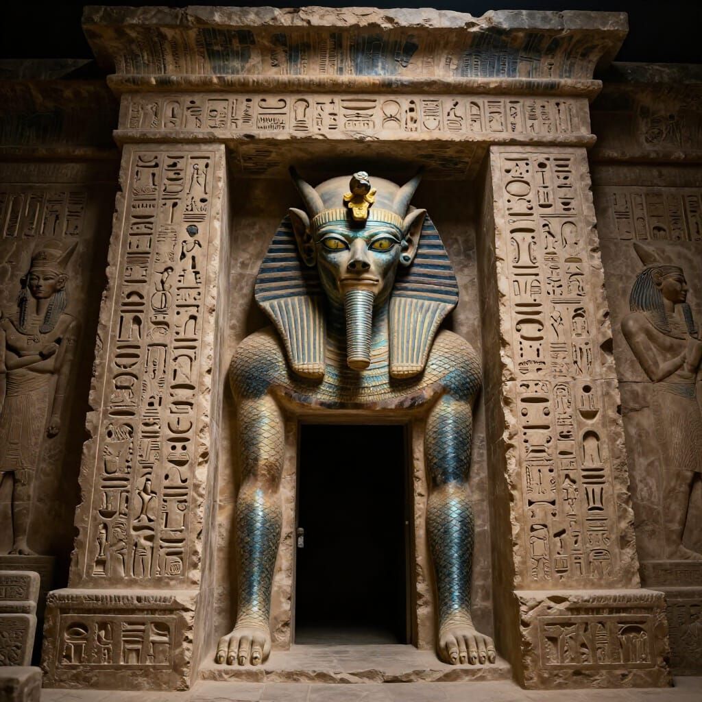 Gorgon Guards Ancient Egyptian Tomb Entrance in Hyperrealist...