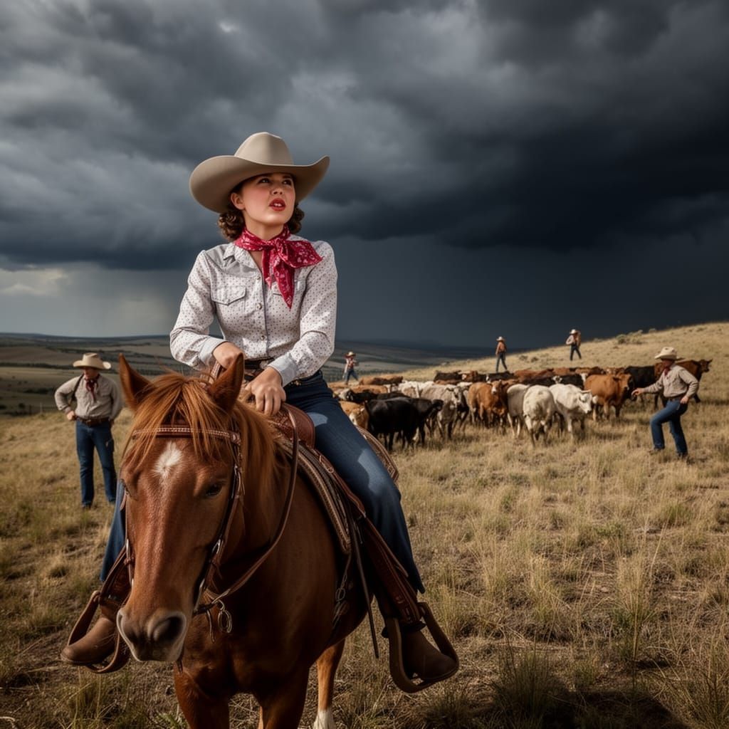 1950s Cowgirl Faces Approaching Thunderstorm