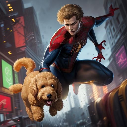 Spider-Man Embracing a Golden Doodle in Hyperrealistic Color