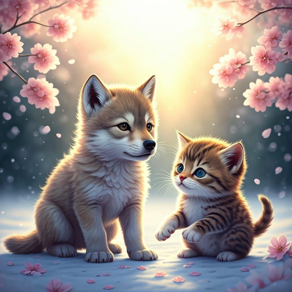 Whimsical Winter Wonderland: Wolf and Kitten Play Amid Cherr...