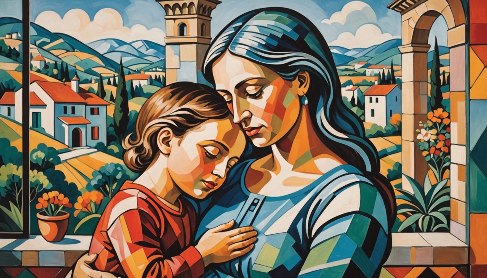 Vibrant Cubist Portrait of Mother and Baby in French Villa S...