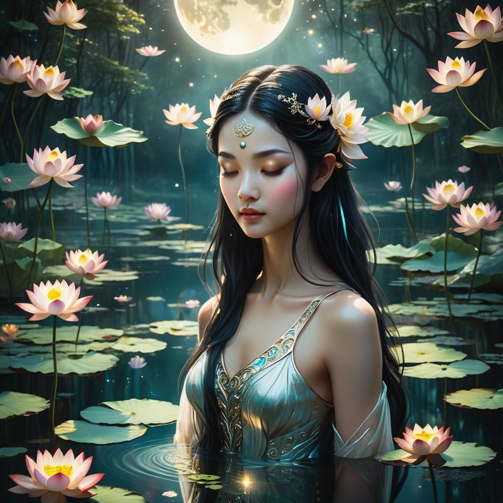 Serene Moon Goddess Amidst a Dreamy Lotus Garden