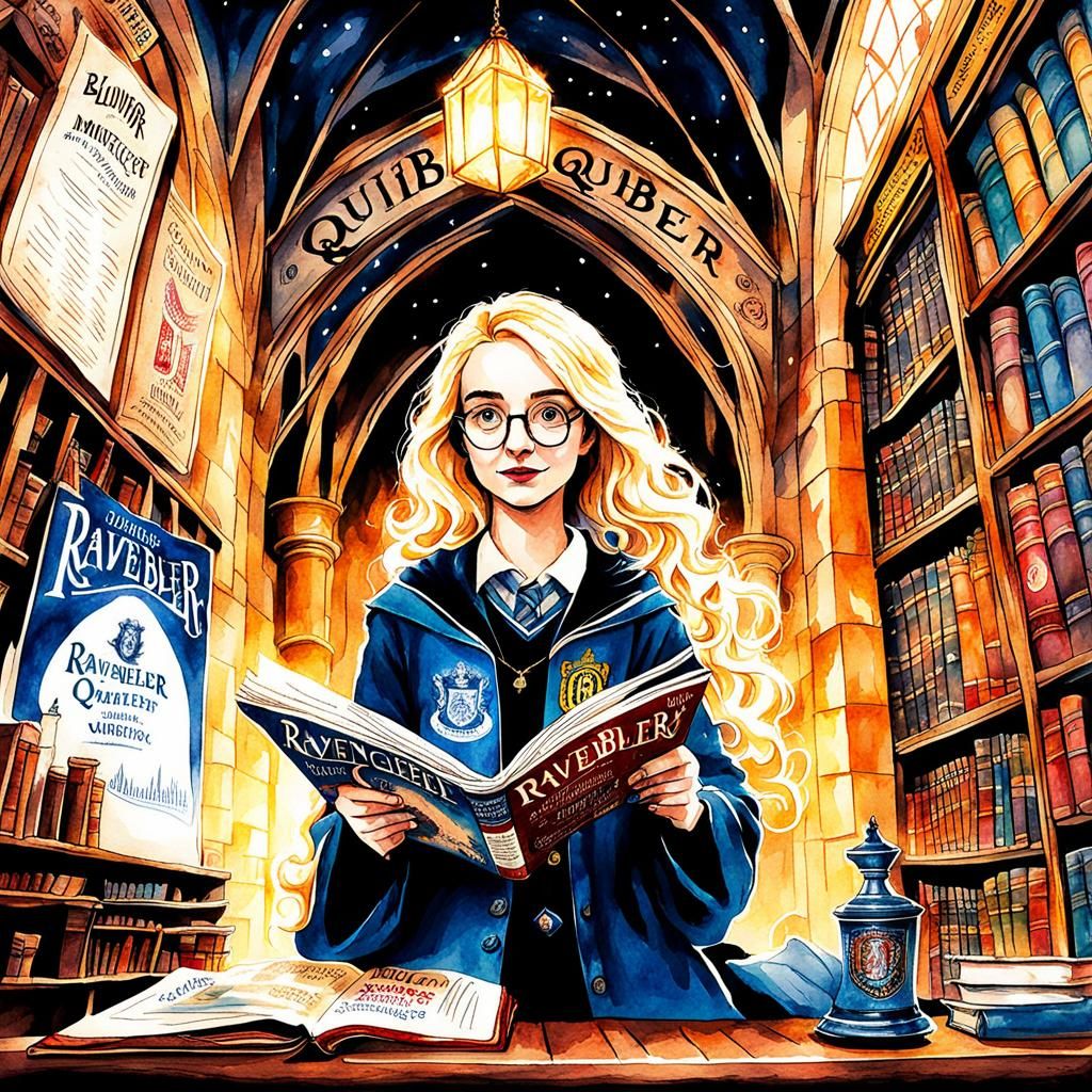 Whimsical Watercolor Illustration of Luna Lovegood in Hogwar...