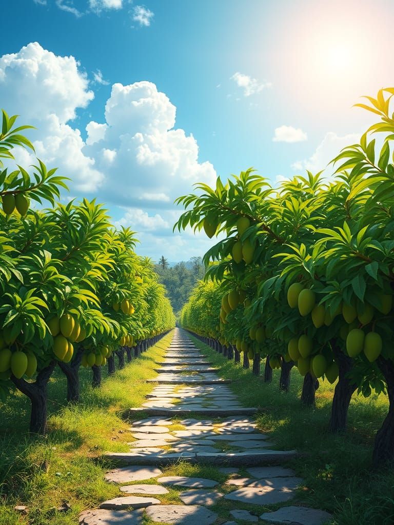 Sunlit Green Mango Orchard in Digital Painting Style