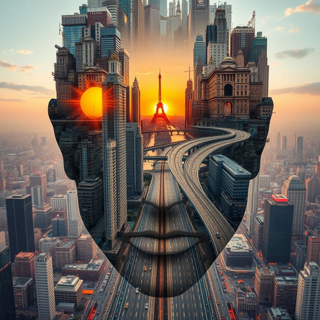 Surreal Cityscape Face in Hyperrealistic Cubist Style