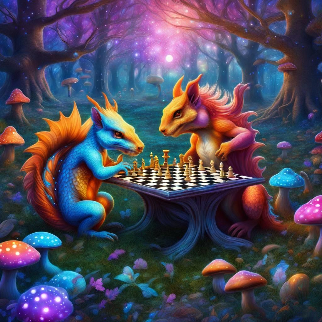 Ethereal Chess Game Amongst Cosmic Mushrooms