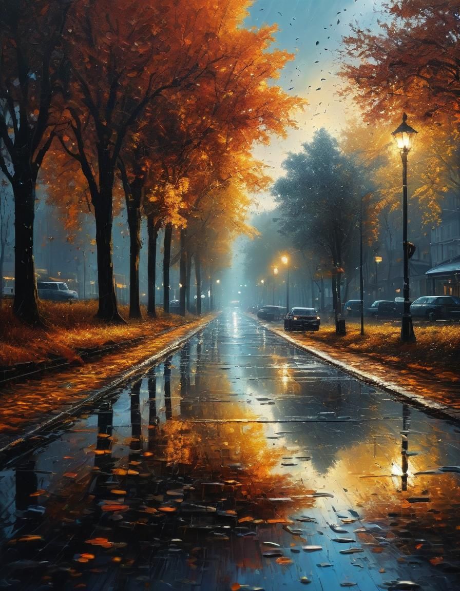 Autumn Puddles Reflect a Vibrant Sunset in Diamond Painting...