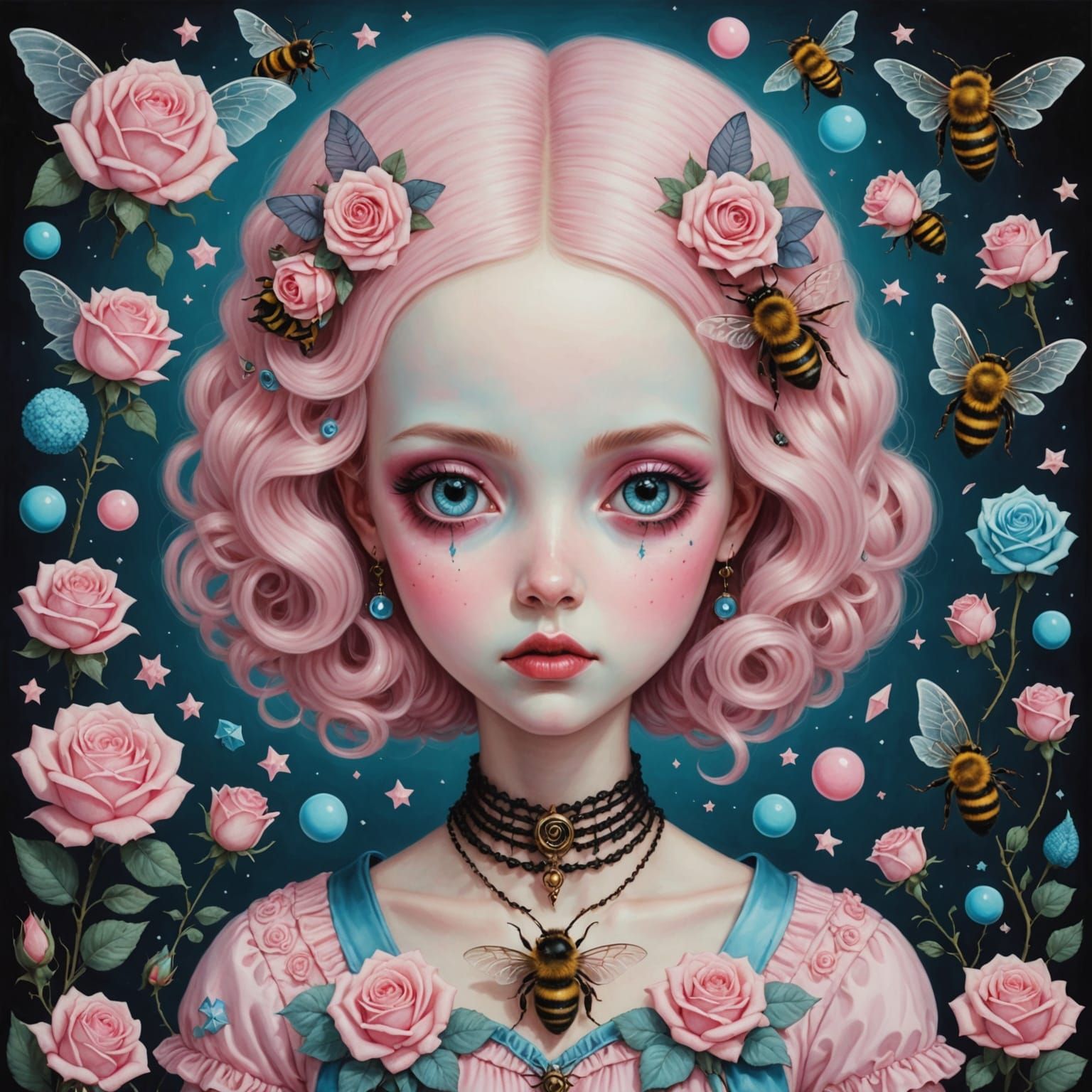 Pastel Goth Witchy Scene with Occult Symbols and Bees