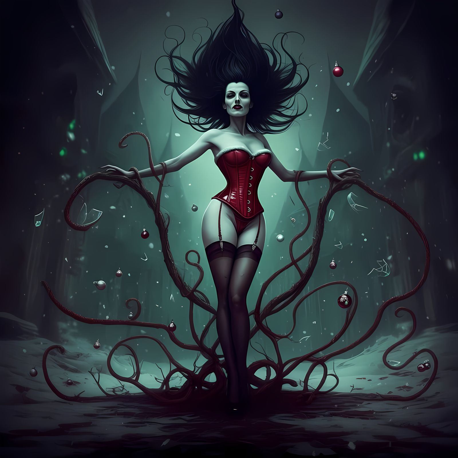 Hyperrealistic Pinup Figure Adorns Twisted Christmas Scene