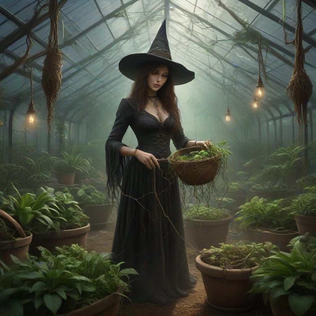 Modern Witch Harvests Glowing Mandragora in Greenhouse