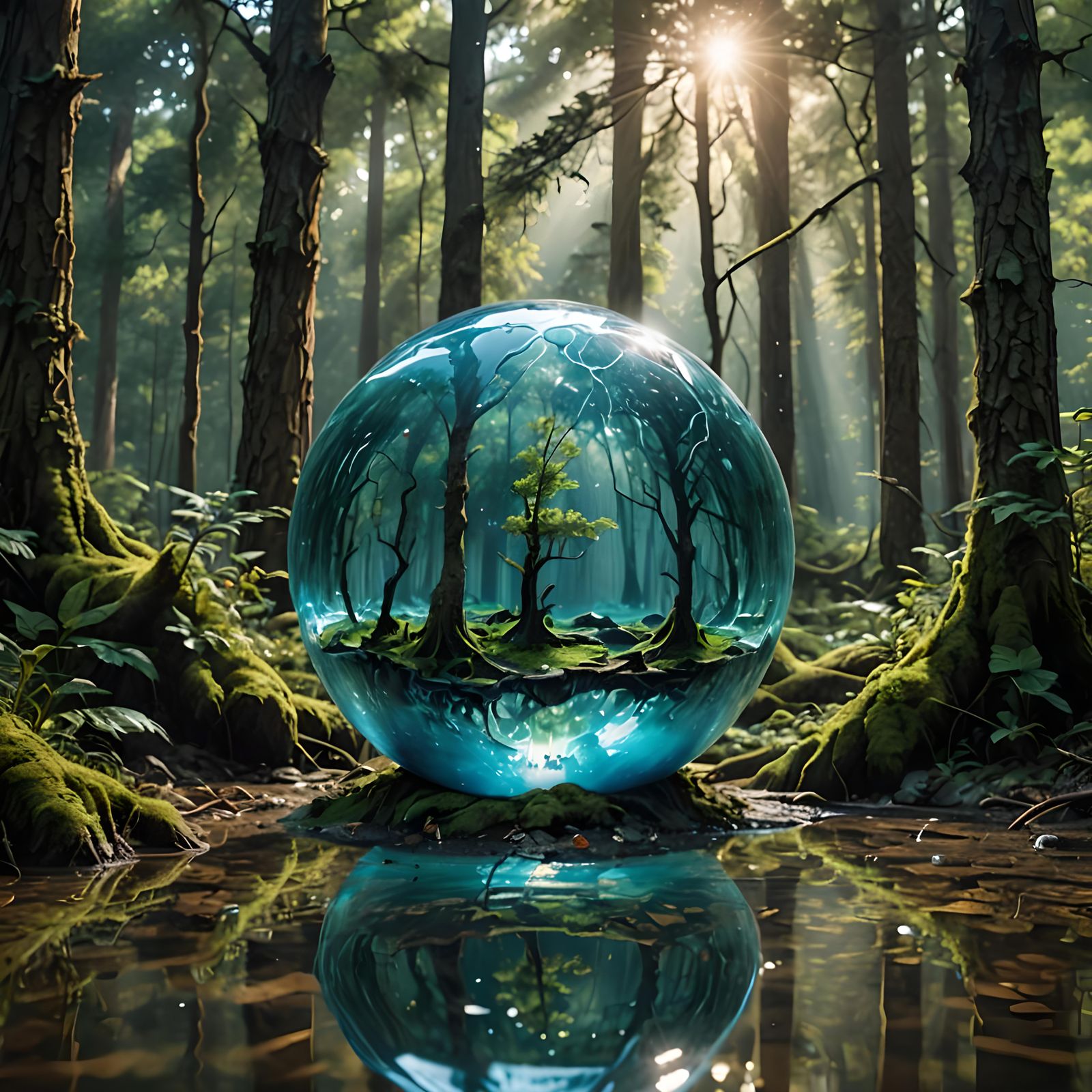 Surreal Pop Art water Orb Teeming with Fantasy Forest Life