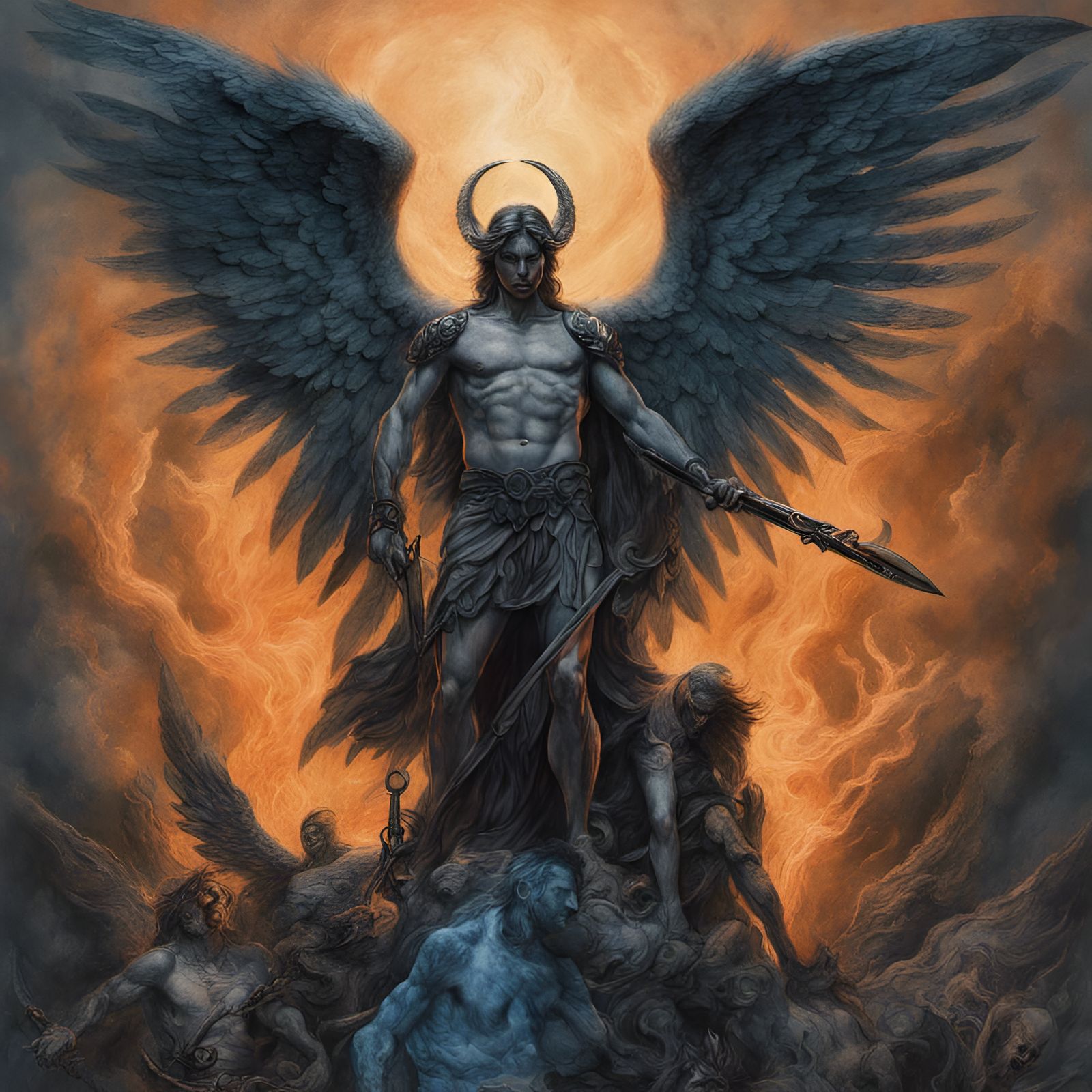 Surreal Battle Between Archangels in a Dark, Mystical Realm