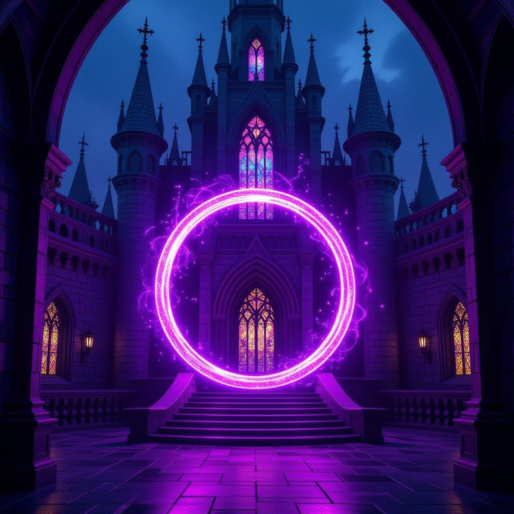 Purple Time Portal in Gothic Castle, Neon Ambiance