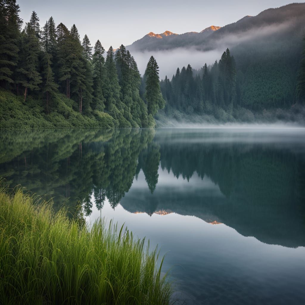 Serene Mountain Lake at Dawn in Photorealistic Style