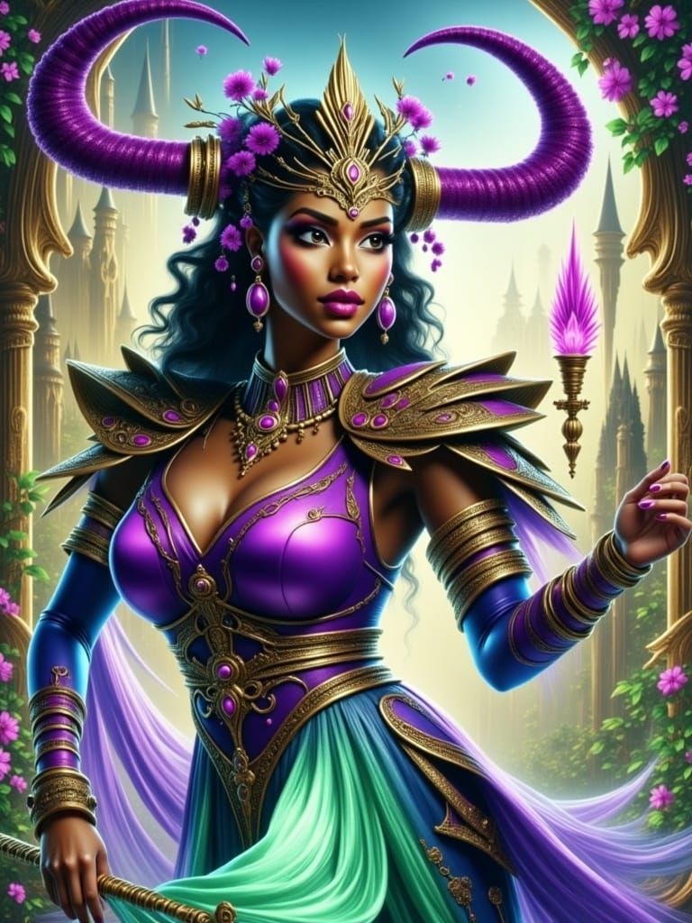 Elegant Ebony Elf Woman in Deep Purple Regalia, Radiating Cu...