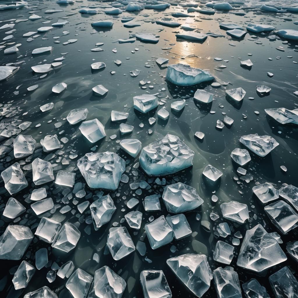 Glowing Ice Floes on a Serene Ocean Surface in Epic Cinemati...