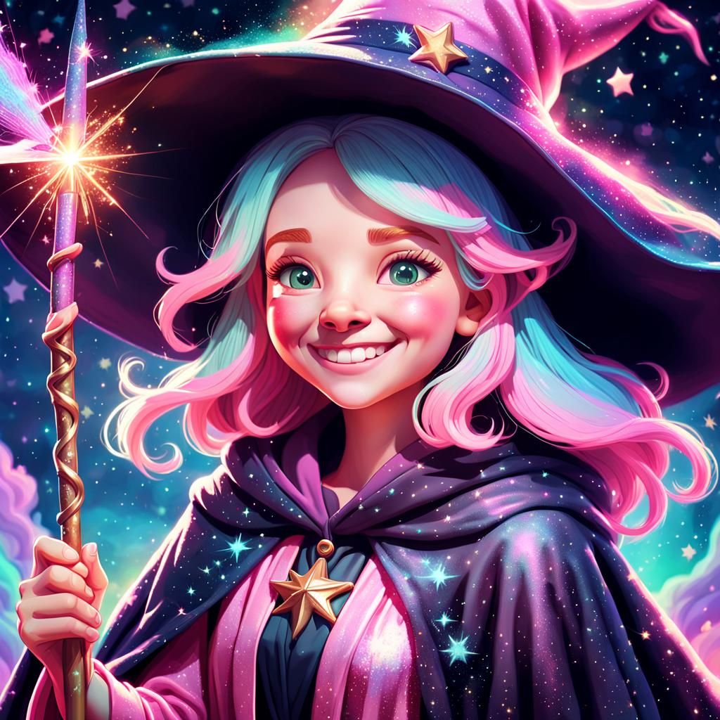 Whimsical Pastel Witch in Vibrant Colors