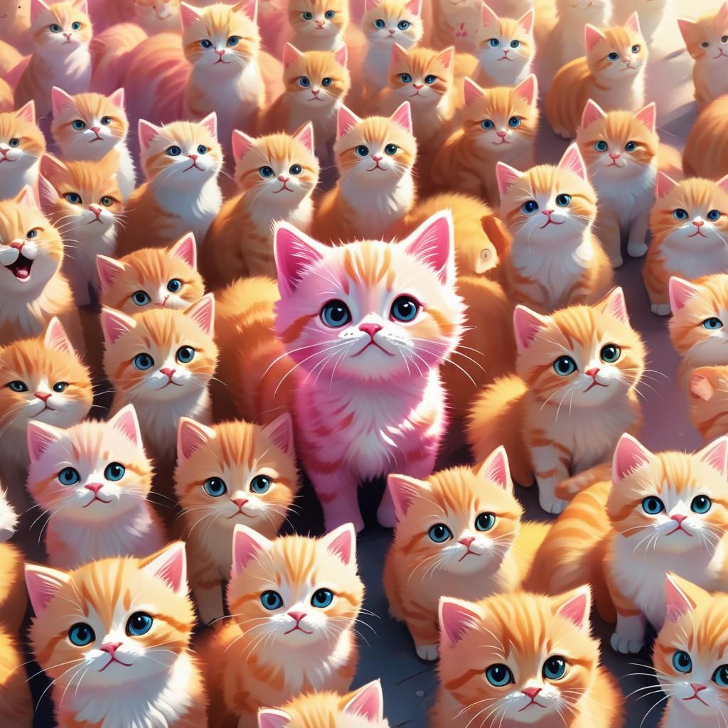 Playful Pink Kitten Surrounded by Ginger Kittens in Whimsica...