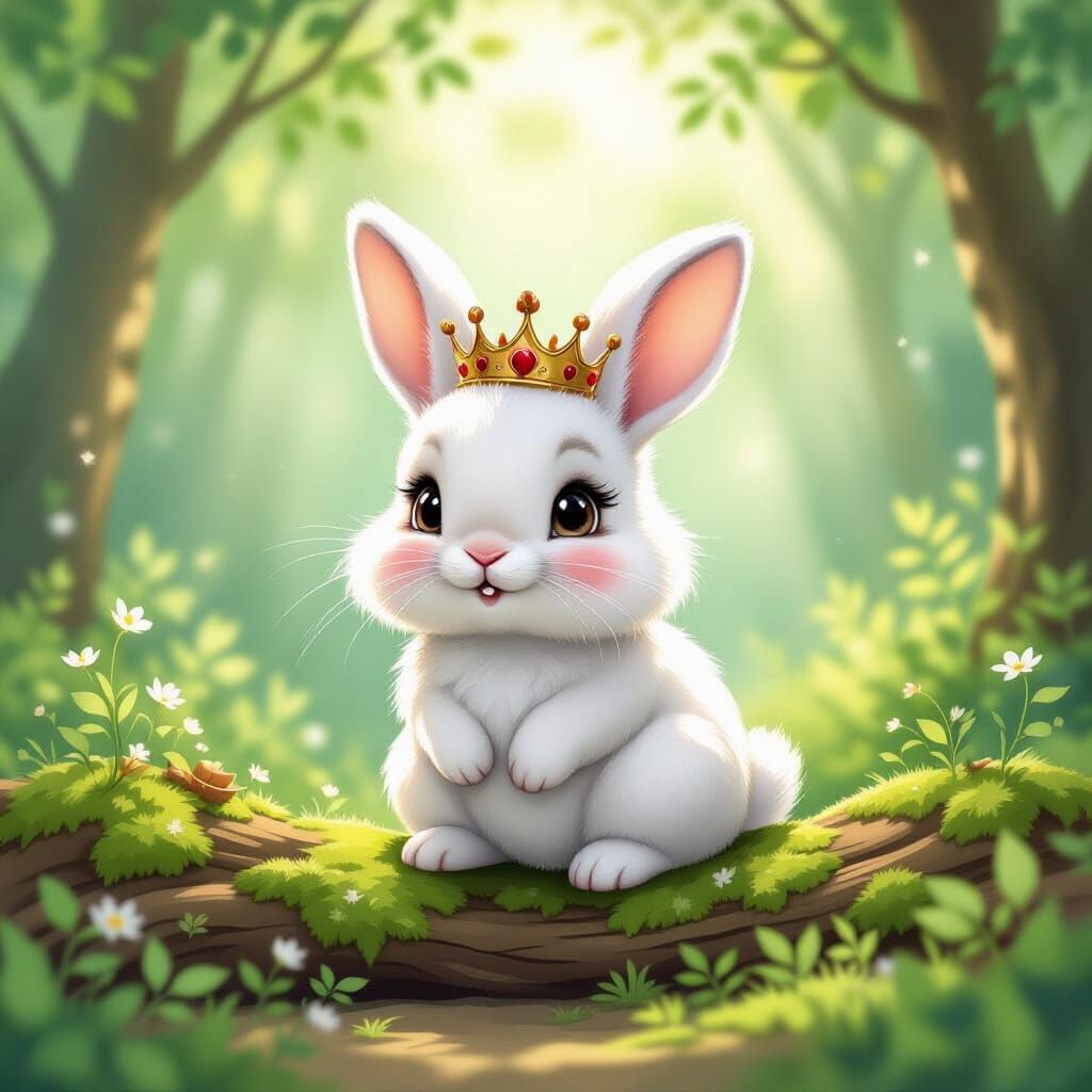 Whimsical Rabbit in Crown Sits in Sunlit Forest