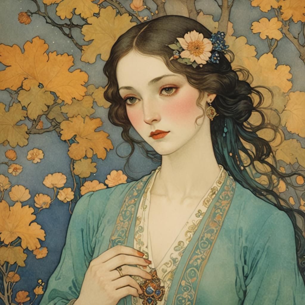 Romantic Watercolor Portrait of a Dreamy Young Girl