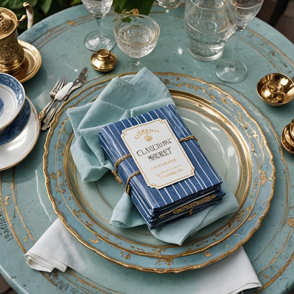 Elegant Blue-White Striped Napkins in a French Tea House Set...