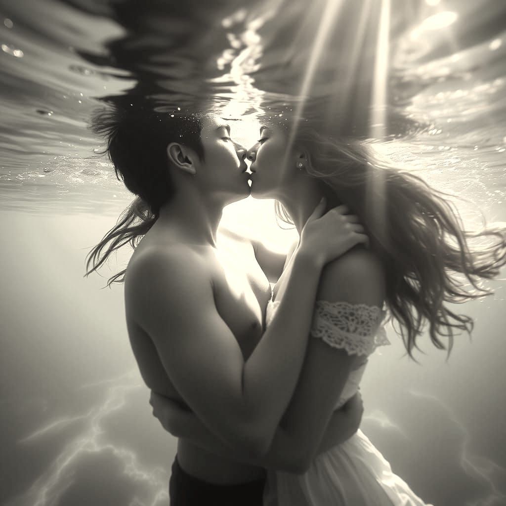 Romantic Underwater Kiss in Hyperrealistic Style
