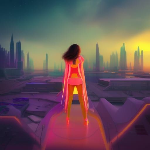 Futuristic Girl in Bioluminescent Cityscape