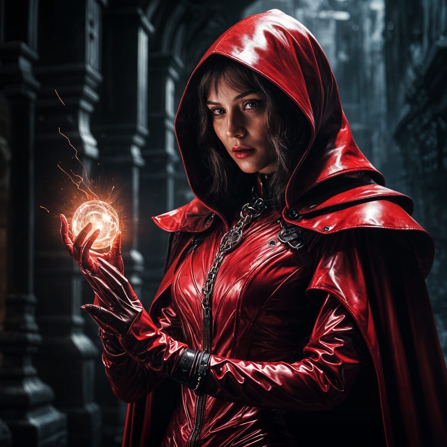 Dystopian Goddess in Red PVC Outfit