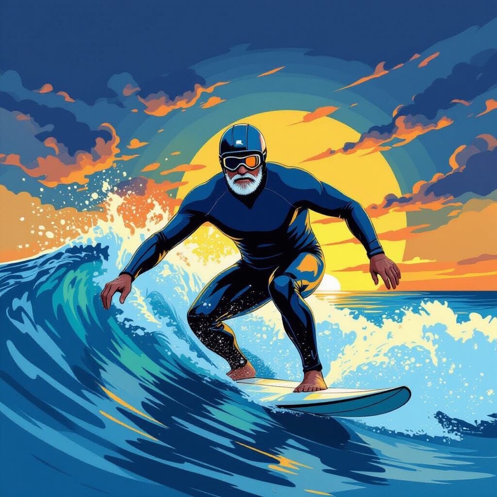 Surfer Rides Subtle Wave at Sunset in Art Style