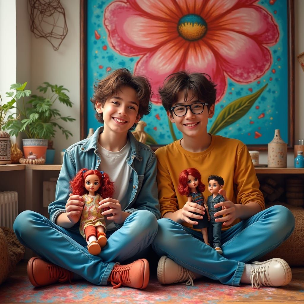 Boys Play with Dolls in Flowery Room, Graffiti Style