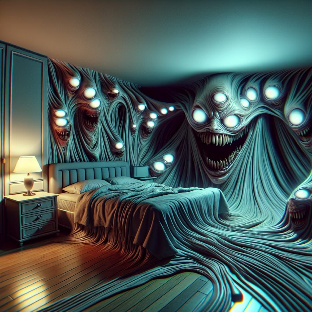 Surreal Horror Scene: Twisted Reality Beneath the Bed