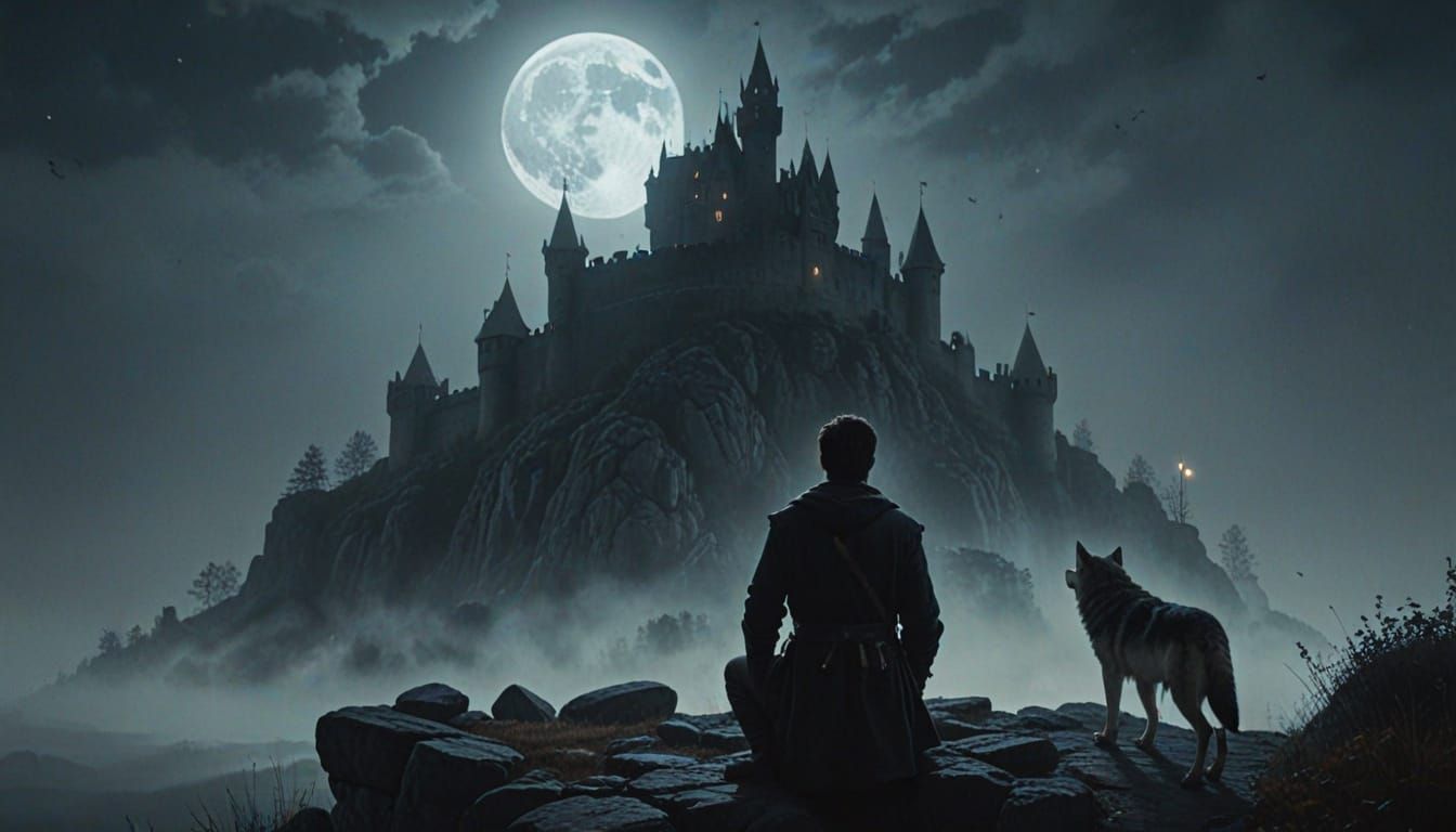 Man Points at Castle in Moonlit, Misty Night