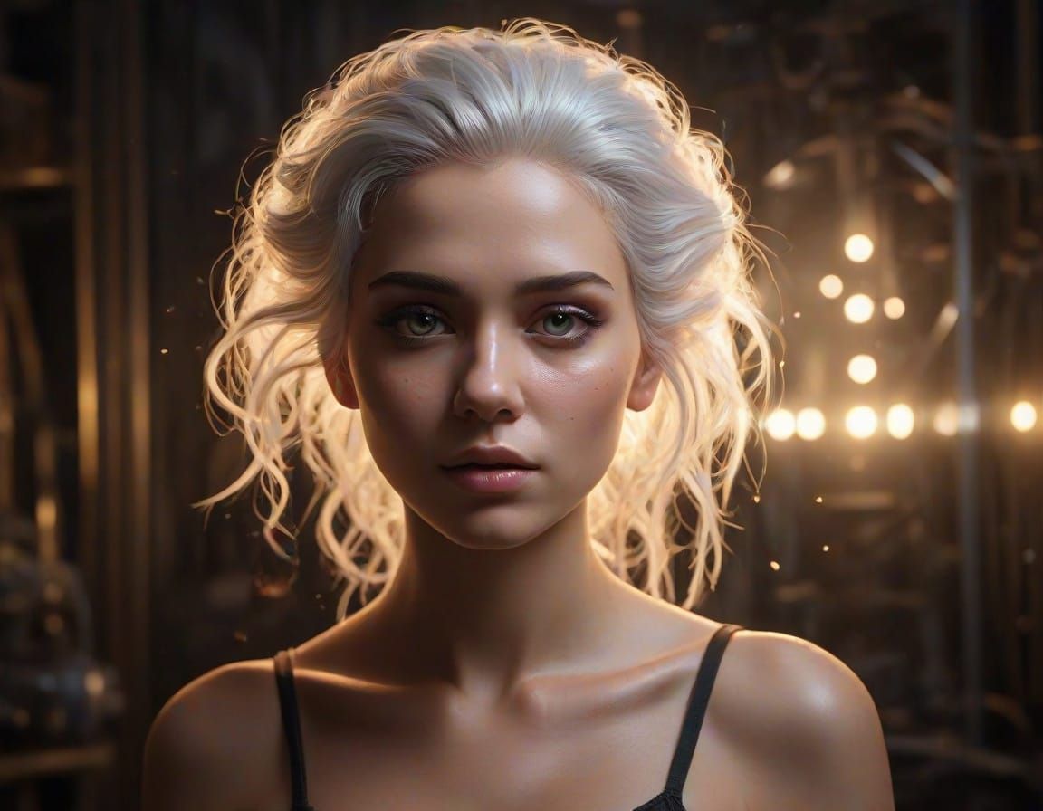 Model in Frankenstein's Lab with Mad Scientist