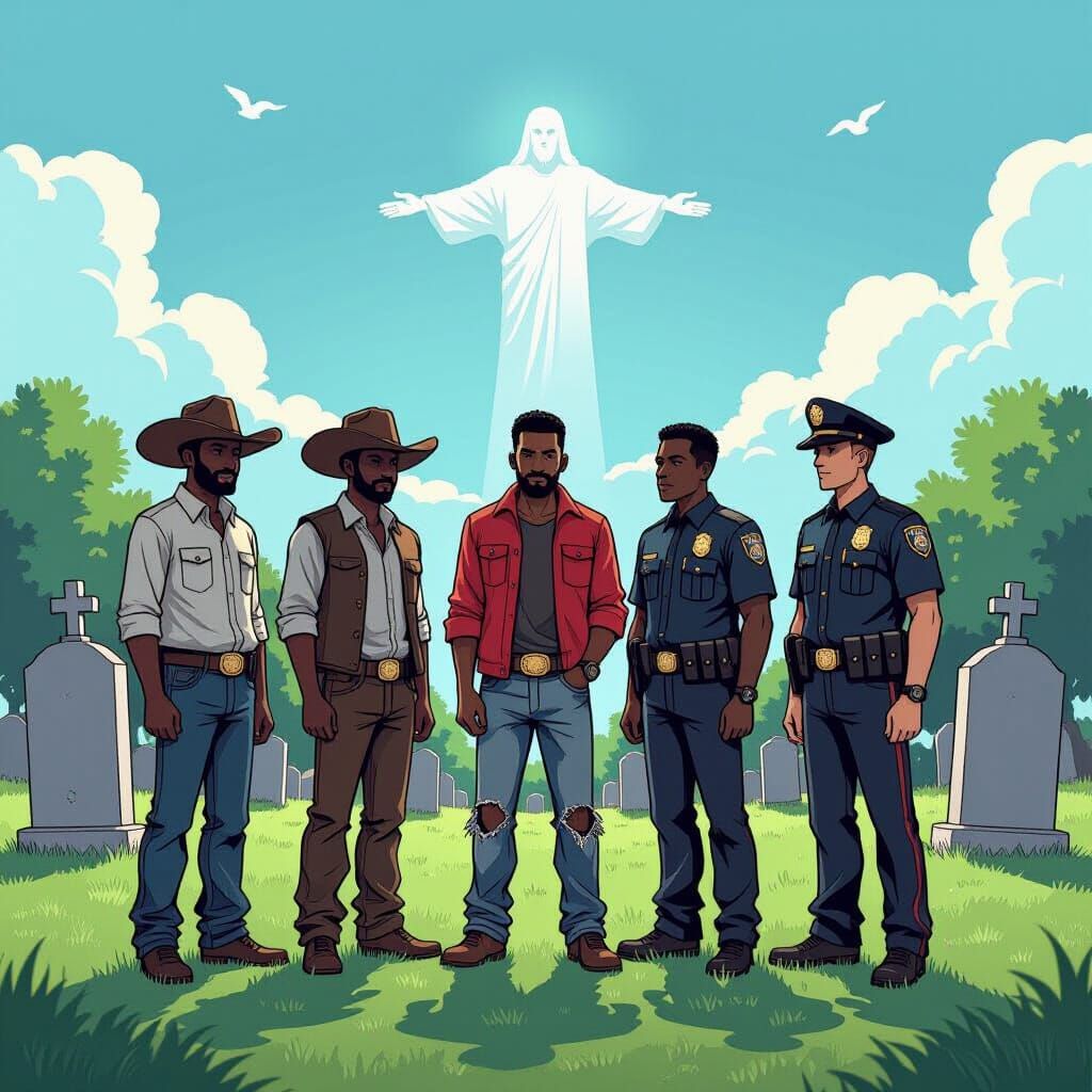 Diverse Men Stand Together in Cemetery Under God's Gaze