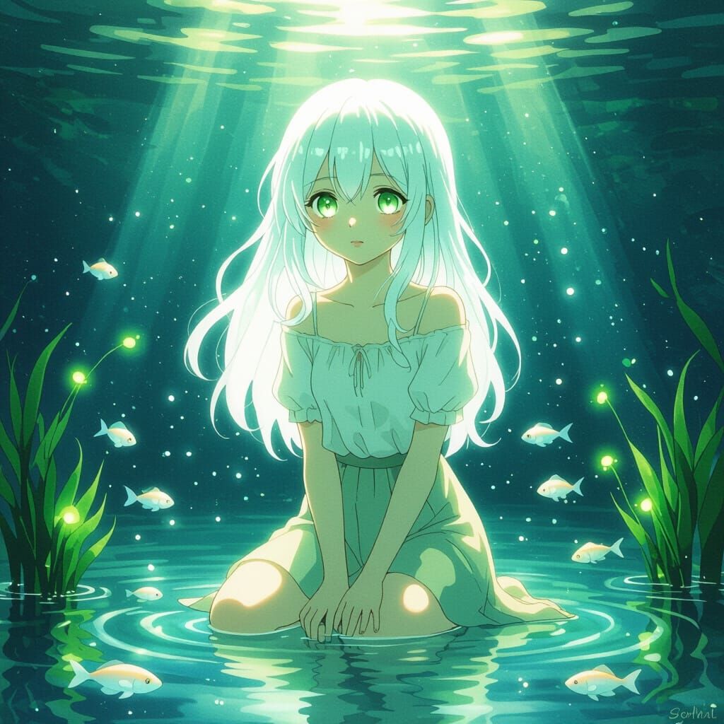 Anime Girl Kneeling in Bioluminescent Underwater Lake